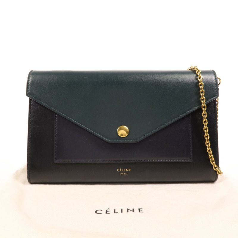 CELINE 牛皮皮革Chain Shoulder金扣鏈帶肩背袋-9