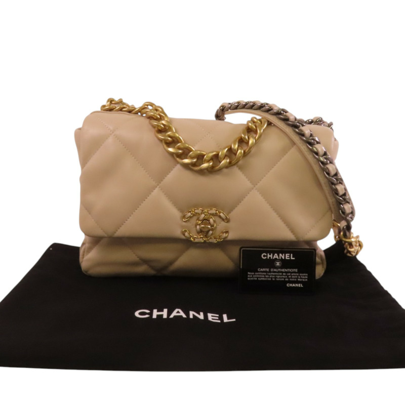 CHANEL 羊皮皮革C19金扣鏈帶手挽肩背兩用袋-9