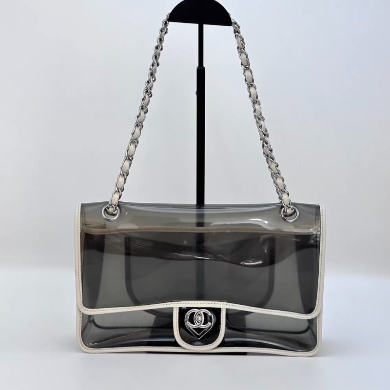 CHANEL 灰白拼愛心扣肩背斜背果凍包28*15*7 98新配件塵袋-0