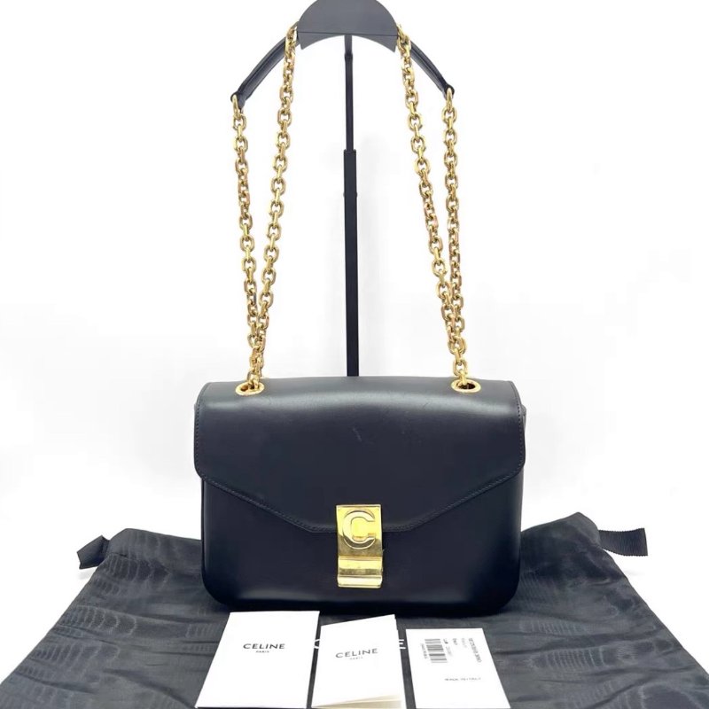 CELINE C bag黑金亮面牛皮肩背斜背22*14*7 98新配件塵袋-0