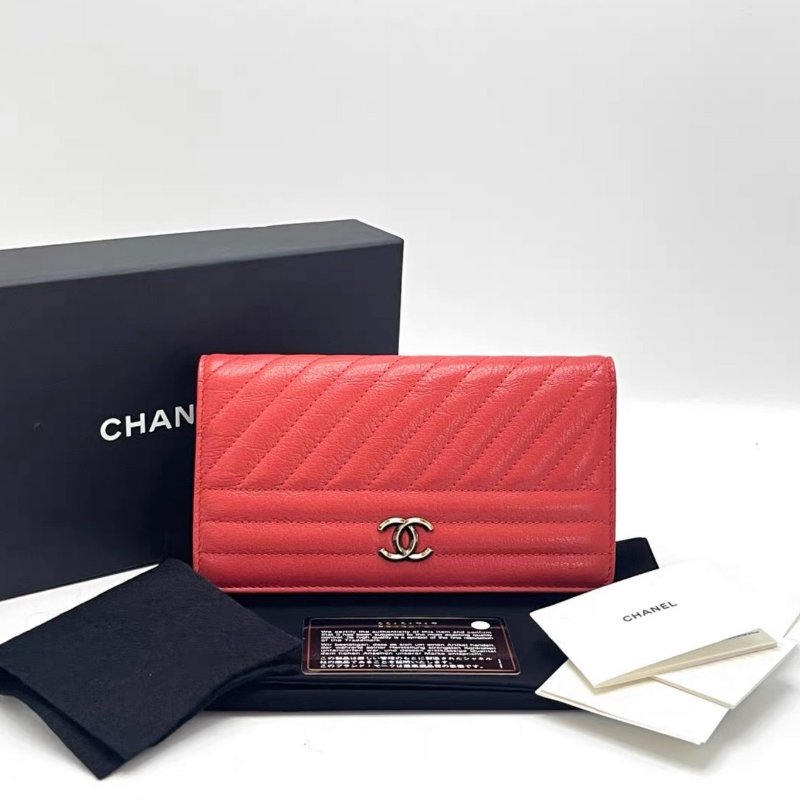 CHANEL 紅金外縫線折疊開合長款錢包18*10*2 98新配件盒子塵袋保卡-0