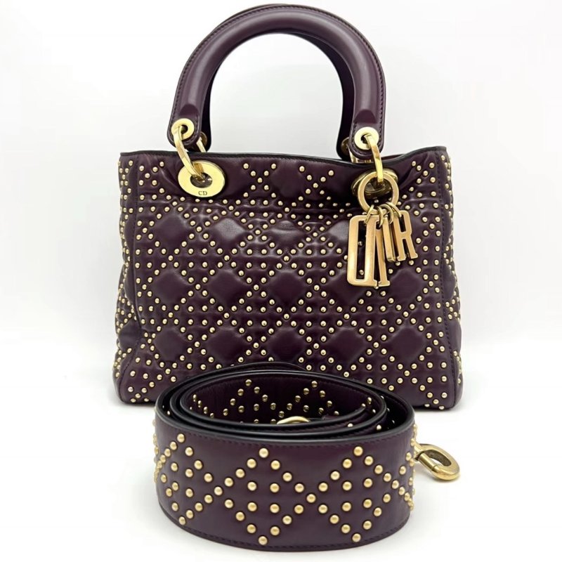 DIOR 酒紅色鉚釘五格黛妃肩背斜背包25*20*12 98新配件塵袋-0