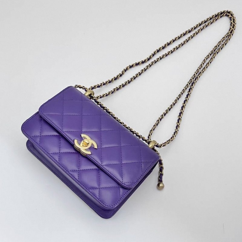 CHANEL 紫色雙金珠19肩背斜背鏈條包19*12*7 全新閒置配件盒子塵袋-2