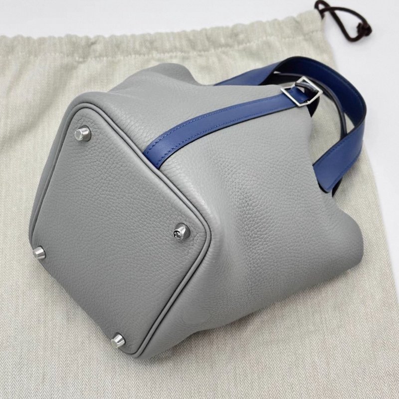 HERMES 海鷗灰拼瑪瑙藍菜籃子18手提袋18*18*13 98新配件塵袋鎖鑰匙-2