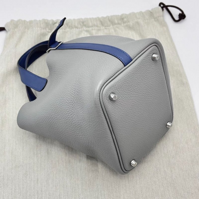 HERMES 海鷗灰拼瑪瑙藍菜籃子18手提袋18*18*13 98新配件塵袋鎖鑰匙-4