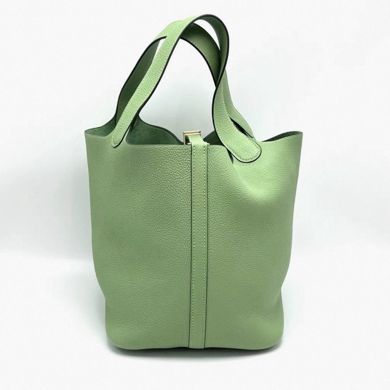 HERMES 酪梨綠菜籃子22手提袋22*22*18 99新配件塵袋鎖鑰匙-5