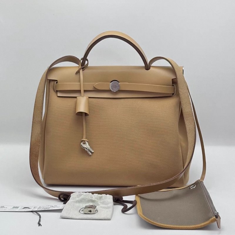 HERMES 帆布拼皮herbag31手提斜背包31*25*11 98新配件塵袋吊牌鎖鑰匙-0