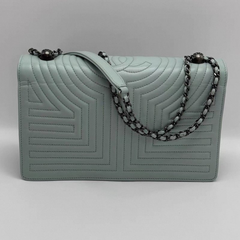 CHANEL 淡綠色銀扣迷宮幾何肩背斜背鏈條包25*16*3.5 98新配件塵袋-5