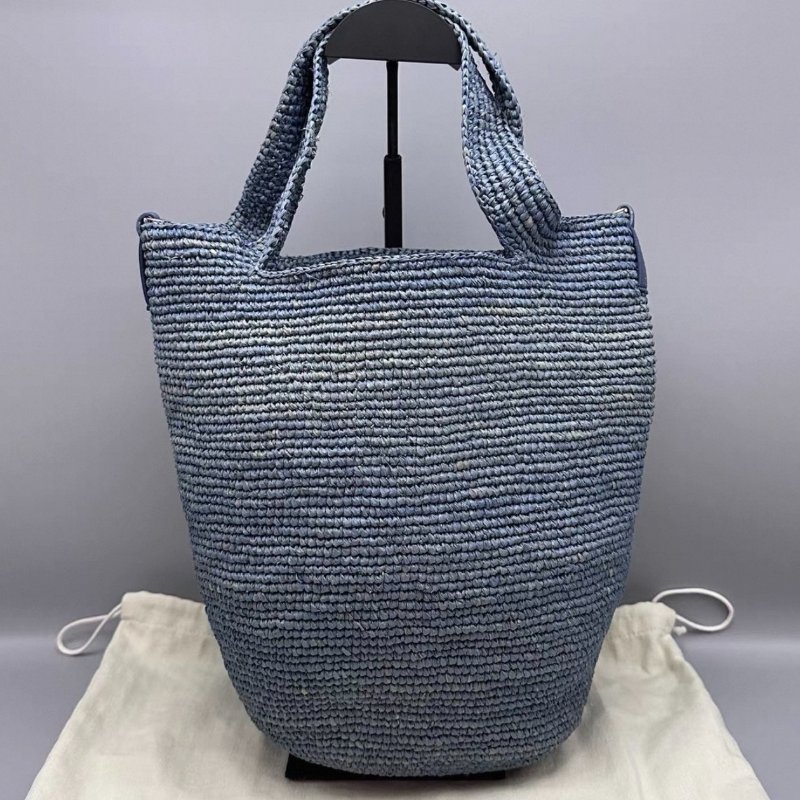 LOEWE Slit藍色拉菲草編織手提水桶包30*30*8 98新配件塵袋-2