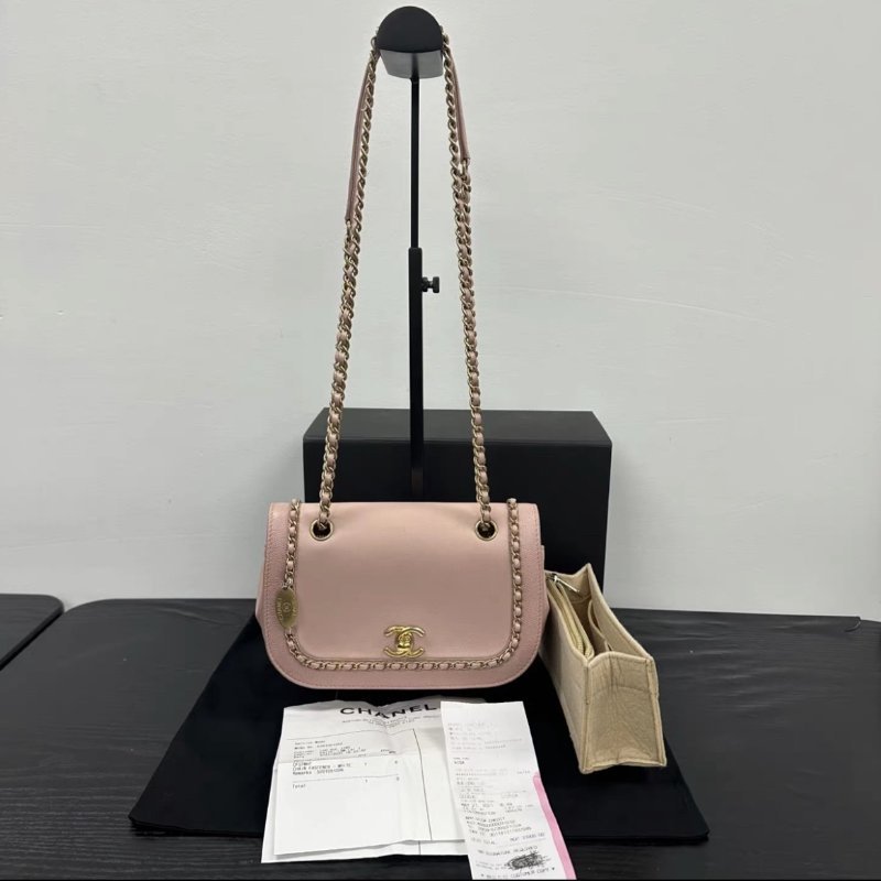 CHANEL 櫻花粉滾邊方胖子肩背包 98新配件:盒子購證塵袋-0