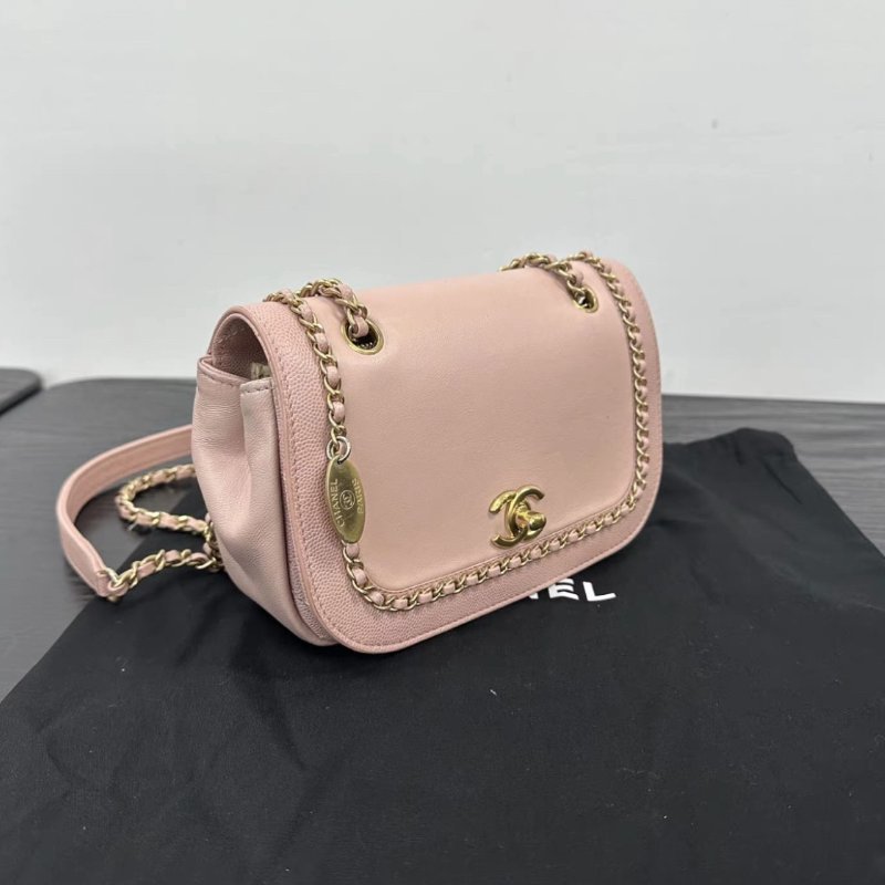 CHANEL 櫻花粉滾邊方胖子肩背包 98新配件:盒子購證塵袋-1