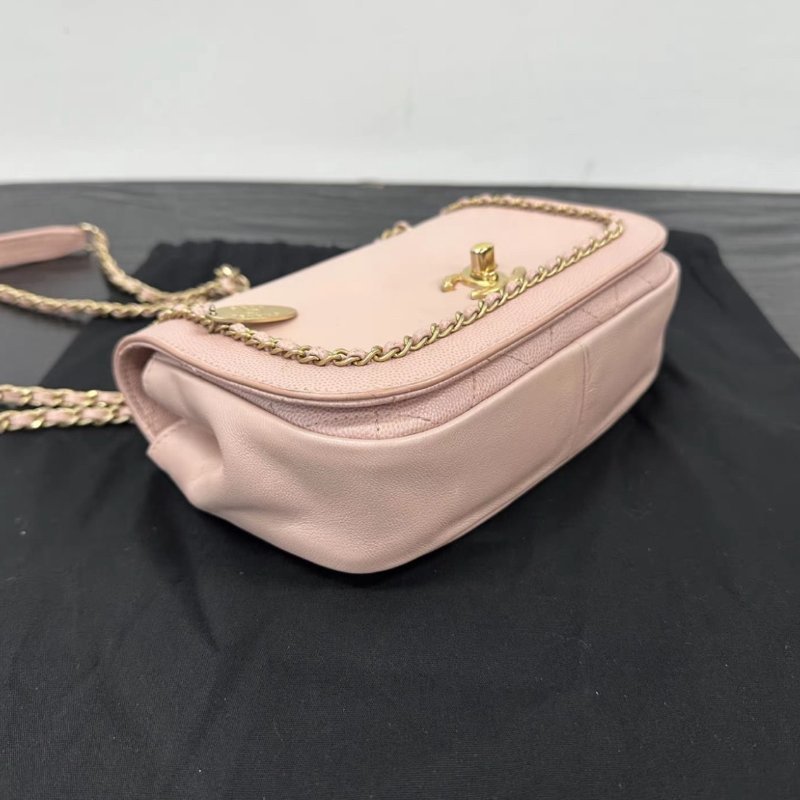 CHANEL 櫻花粉滾邊方胖子肩背包 98新配件:盒子購證塵袋-2