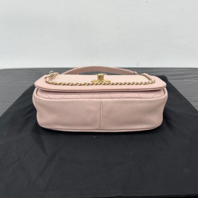 CHANEL 櫻花粉滾邊方胖子肩背包 98新配件:盒子購證塵袋-3