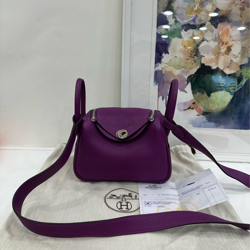 Hermes/愛馬仕 minilindy 海葵紫 銀扣 z刻 有購證-0