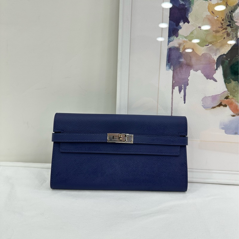 Hermes愛馬仕 Kelly錢包 深藍色 epsom皮 X刻-0