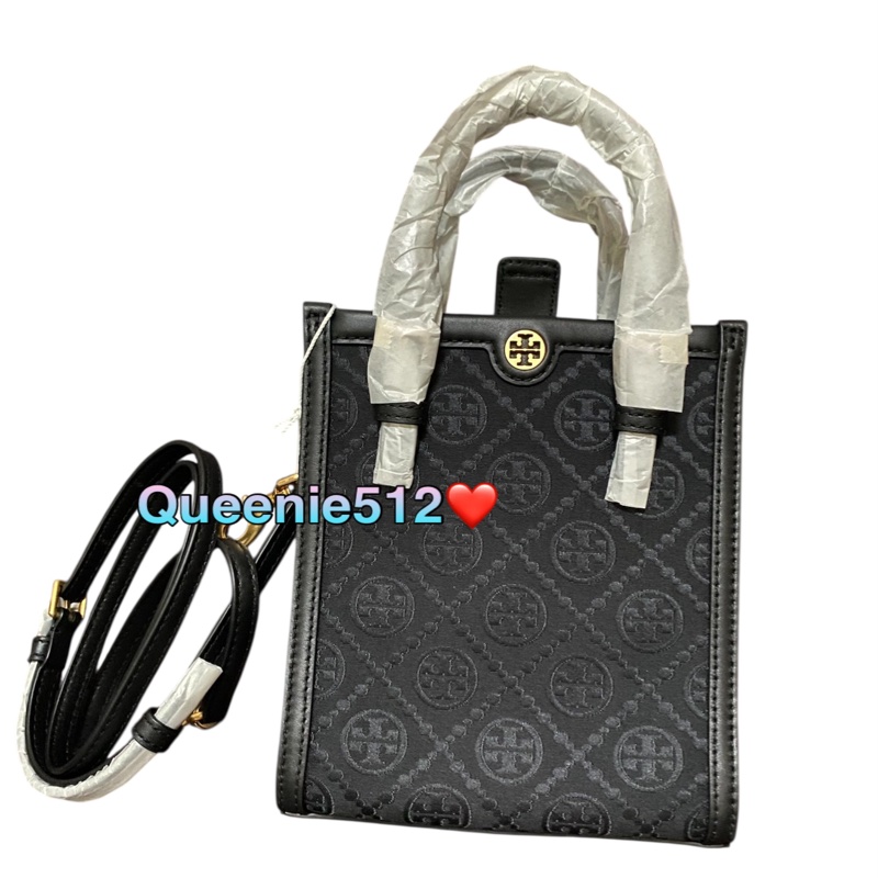 全新出清Tory Burch  Monogram 黑色緹花織布小琴譜包 紙袋包 托特包-5