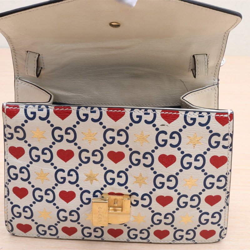 GUCCI Sylvie塞爾維亞絲帶包皮手帶Mini20愛心星星印花米白色牛皮肩背包-3