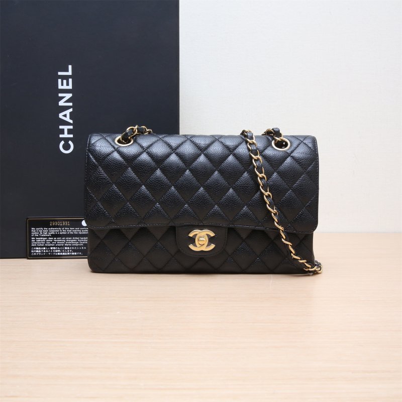 CHANEL CF口蓋包中號25.5黑色荔枝牛皮29開金扣肩背包-0