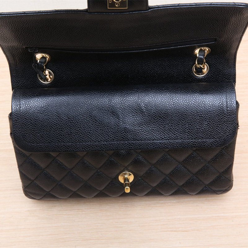 CHANEL CF口蓋包中號25.5黑色荔枝牛皮29開金扣肩背包-2