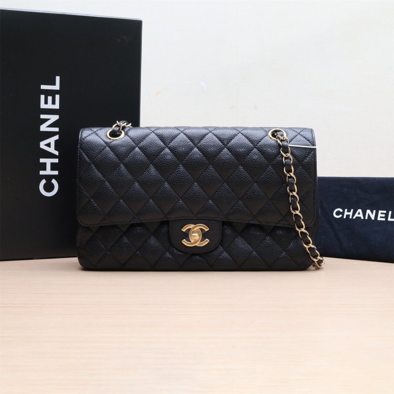 CHANEL CF口蓋包中號25.5黑色荔枝牛皮13開金扣肩背包-0