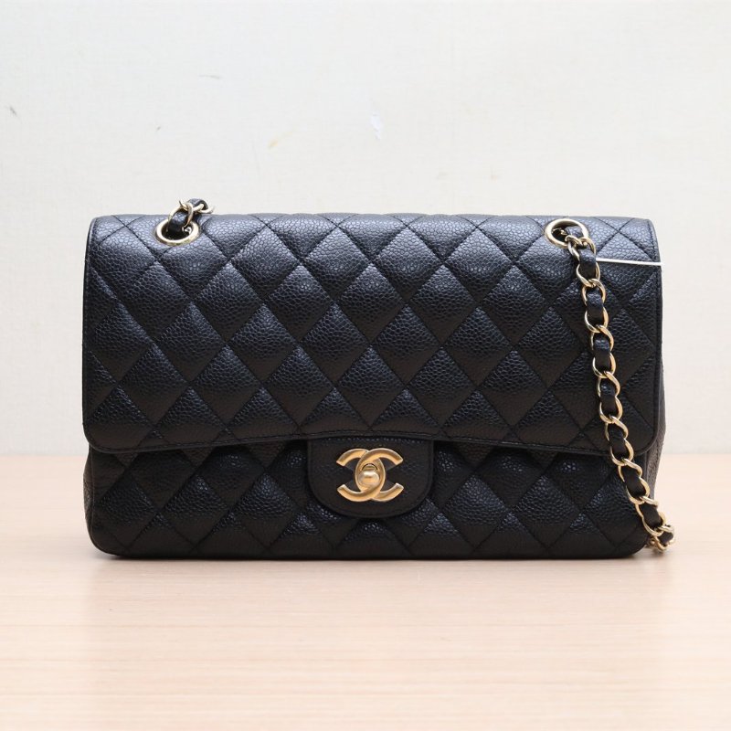 CHANEL CF口蓋包中號25.5黑色荔枝牛皮13開金扣肩背包-1