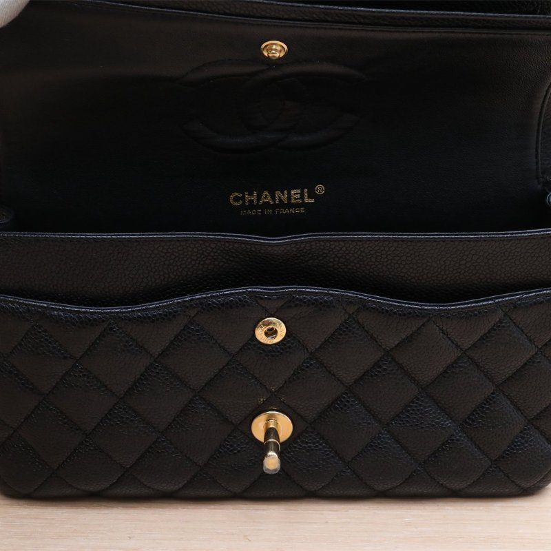 CHANEL CF口蓋包中號25.5黑色荔枝牛皮13開金扣肩背包-4