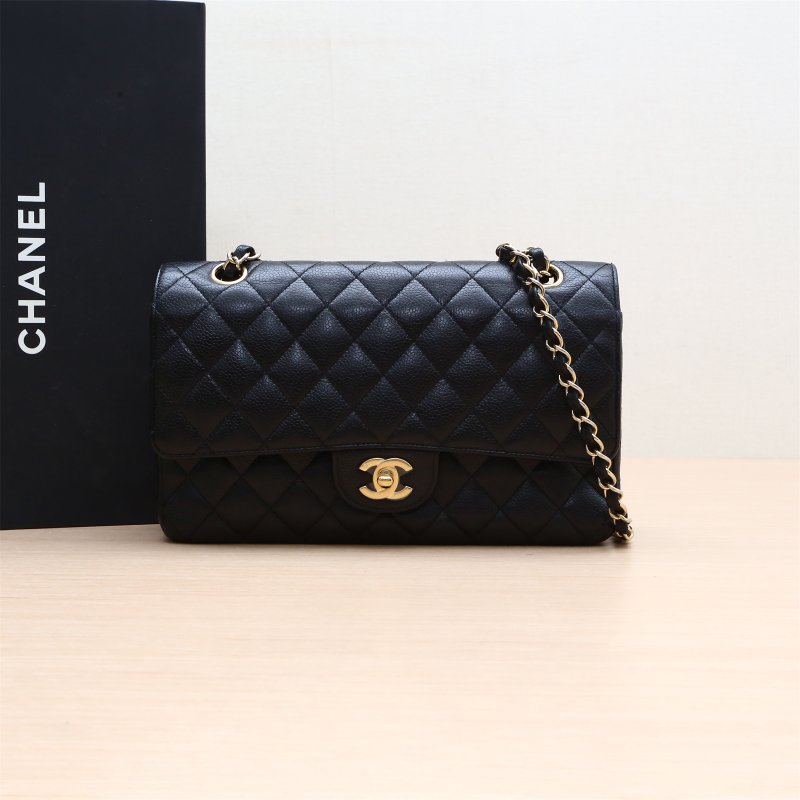 CHANEL CF口蓋包中號25.5黑色荔枝牛皮12開金扣肩背包-0