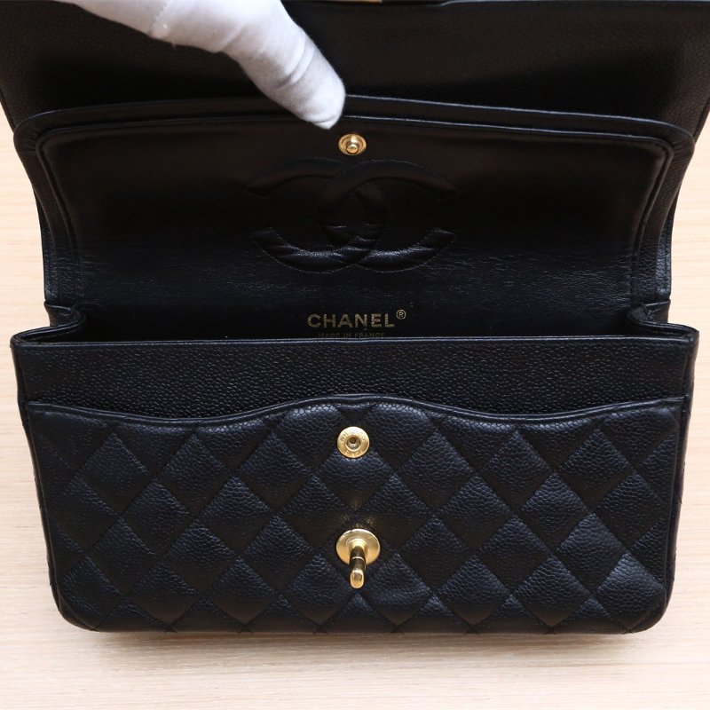 CHANEL CF口蓋包中號25.5黑色荔枝牛皮12開金扣肩背包-3