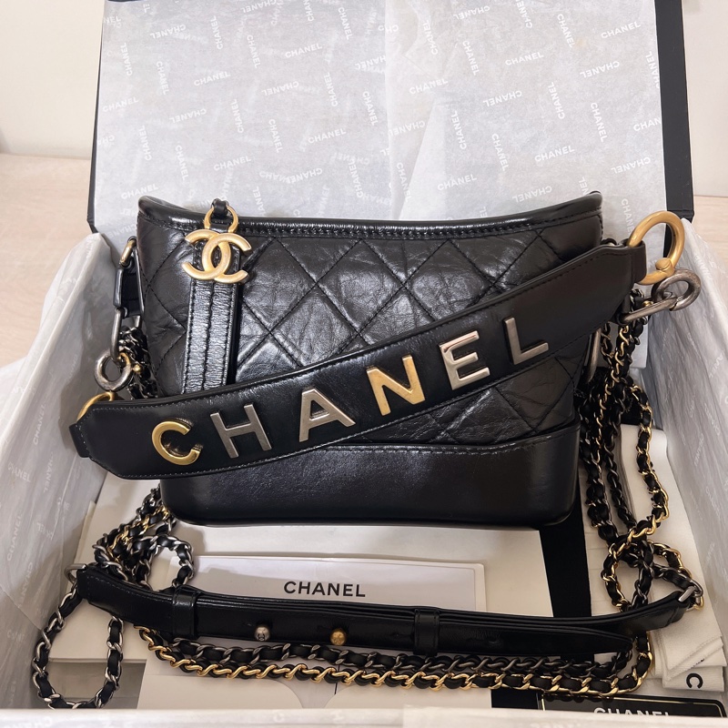 全配🈶購證 Chanel 香奈兒 限量提把流浪包 黑金 小號-0