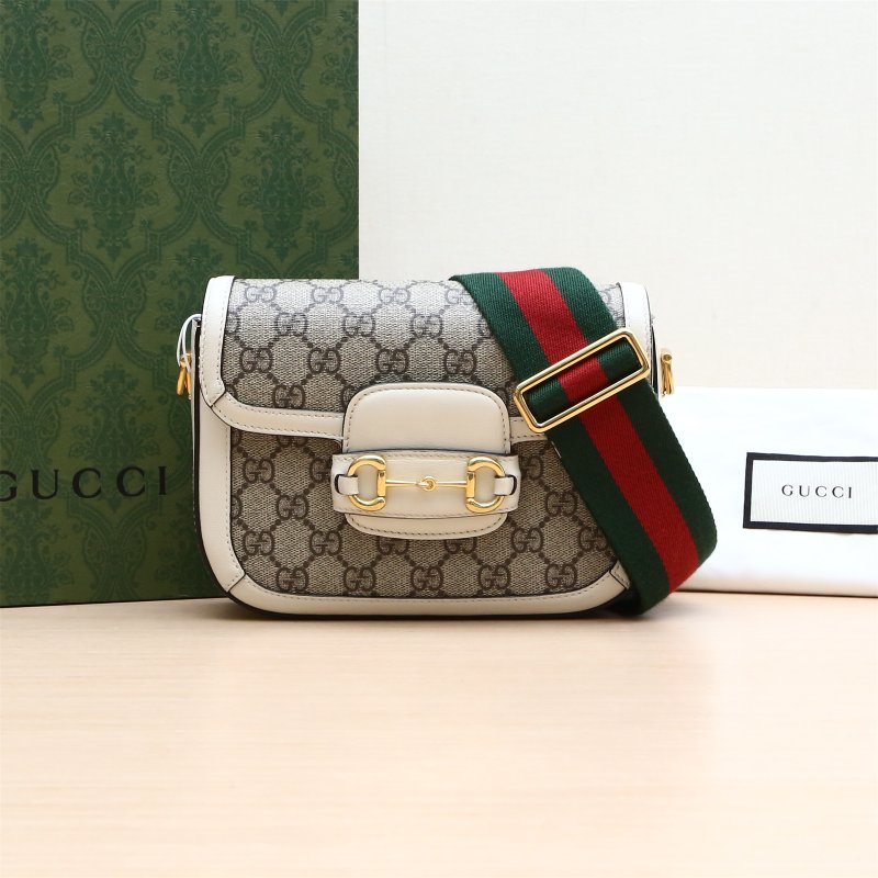 GUCCI Horsebit馬銜扣1955馬鞍包Mini20.5可拆卸雙肩帶白色帆布肩背包-0