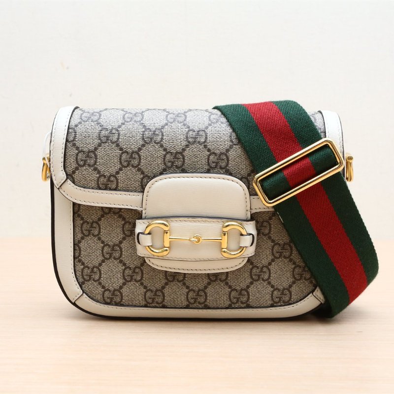 GUCCI Horsebit馬銜扣1955馬鞍包Mini20.5可拆卸雙肩帶白色帆布肩背包-1