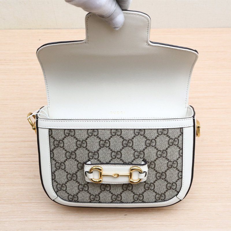 GUCCI Horsebit馬銜扣1955馬鞍包Mini20.5可拆卸雙肩帶白色帆布肩背包-3