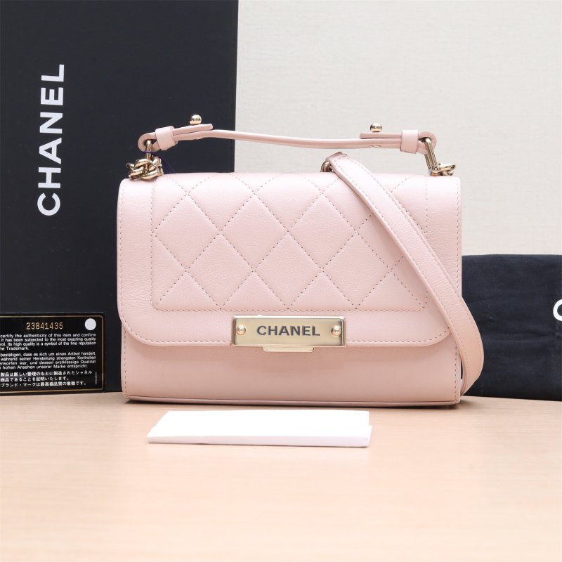 CHANEL 金屬logo荔枝牛皮鏈條斜跨包粉色23開粉色牛皮23開金扣肩背包-0