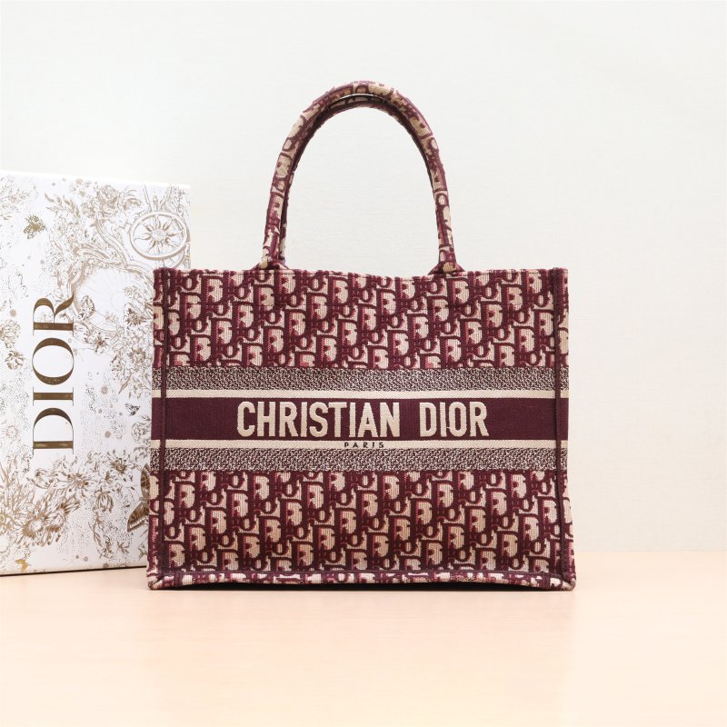 DIOR BookTote中號36酒紅色帆布Oblique印花字母刺繡酒紅色帆布肩背包-0