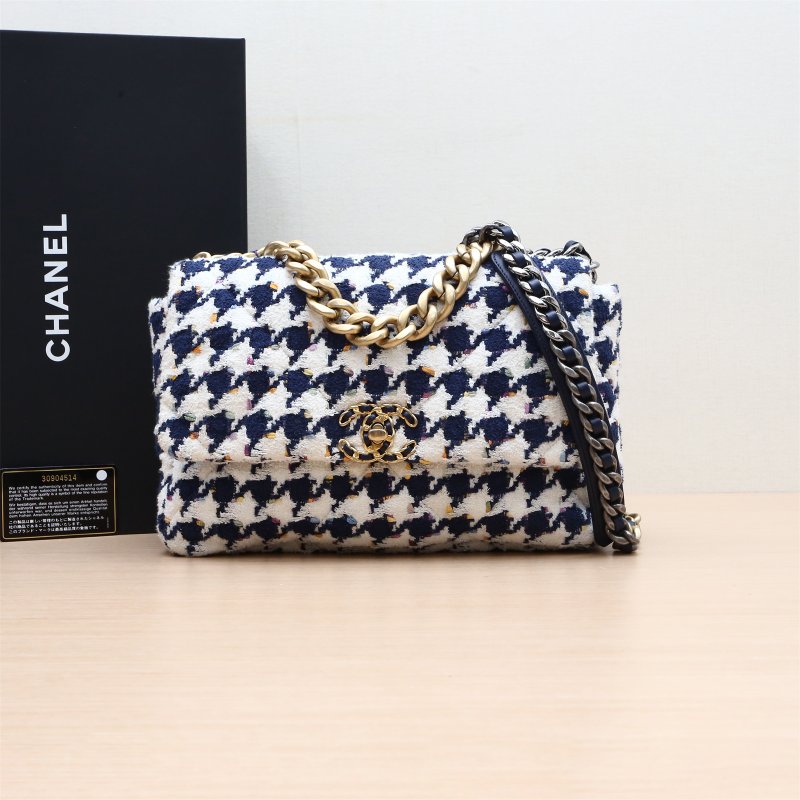 CHANEL 19BAG口蓋包中號30拼色毛呢30開金扣肩背包-0