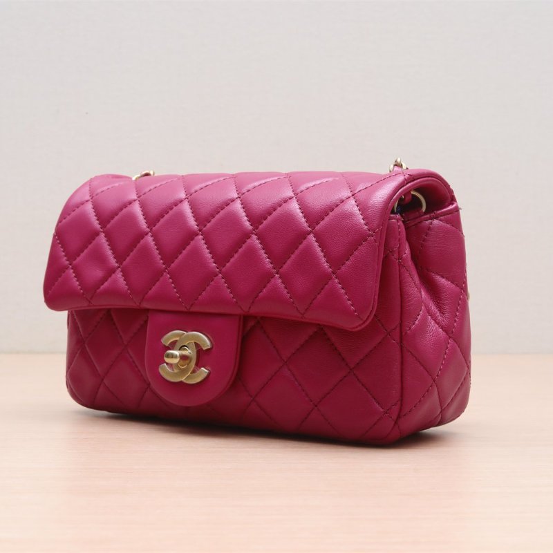 CHANEL CF口蓋包大Mini20玫紅金球調節扣肩帶羊皮30開金扣肩背包-4