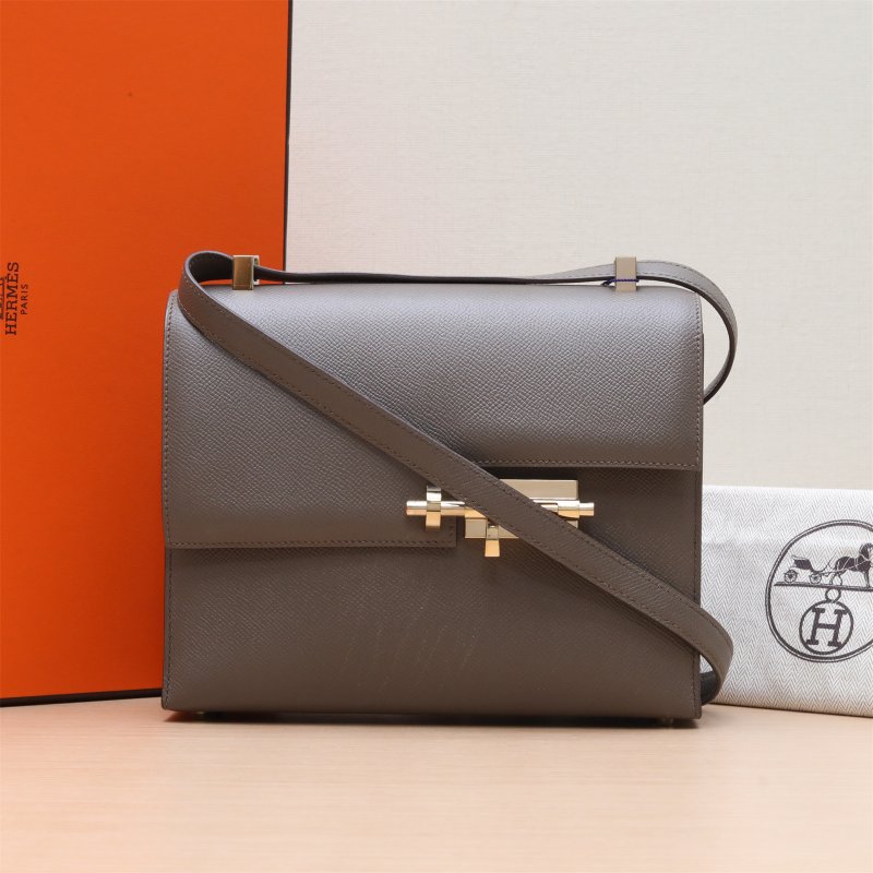 HERMES Verrou手槍包238F錫器灰Epsom皮C刻金扣肩背包-0