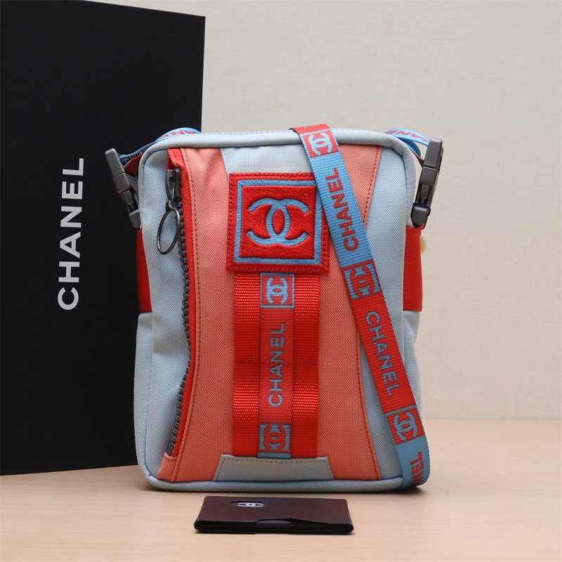 CHANEL 藍橙色相拼單肩包拼色帆布7開銀扣肩背包-0