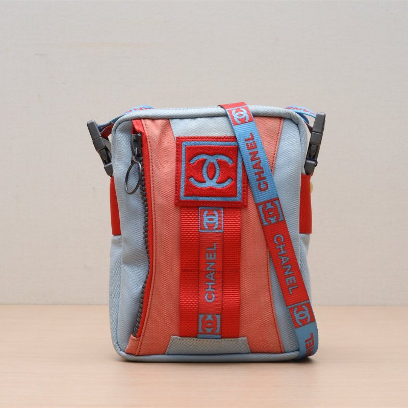 CHANEL 藍橙色相拼單肩包拼色帆布7開銀扣肩背包-1