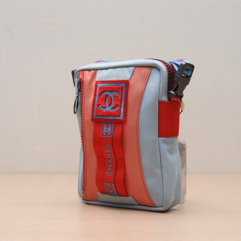 CHANEL 藍橙色相拼單肩包拼色帆布7開銀扣肩背包-3