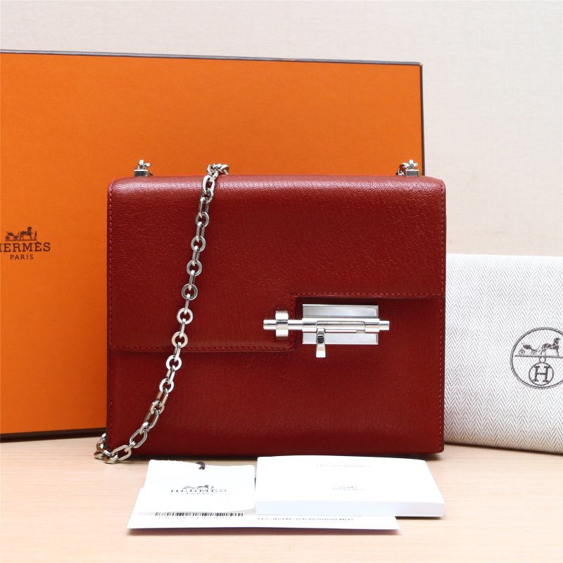 HERMES Verrou手槍包插銷包17Q5國旗紅Chevre山羊皮C刻銀扣肩背包-0