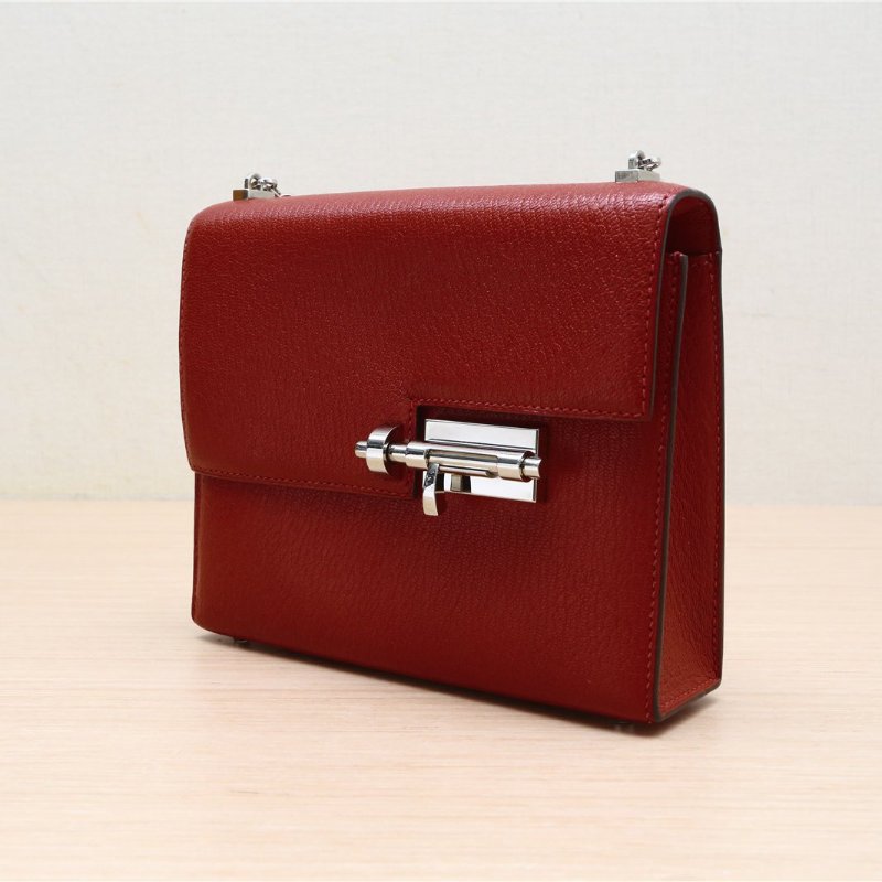 HERMES Verrou手槍包插銷包17Q5國旗紅Chevre山羊皮C刻銀扣肩背包-3