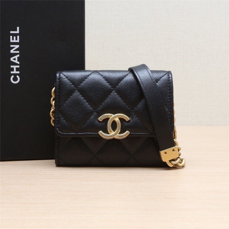 CHANEL 金屬牌LOGO鏈條卡包黑色荔枝牛皮31開金扣肩背包-0
