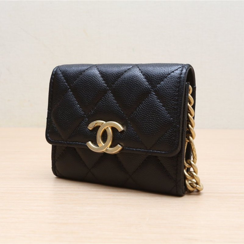 CHANEL 金屬牌LOGO鏈條卡包黑色荔枝牛皮31開金扣肩背包-3