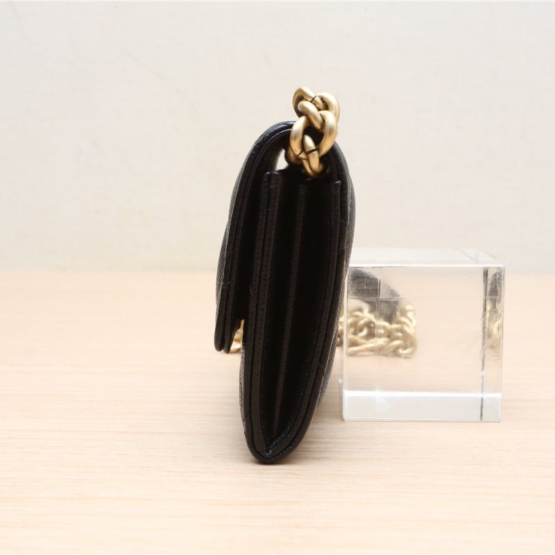 CHANEL 金屬牌LOGO鏈條卡包黑色荔枝牛皮31開金扣肩背包-4
