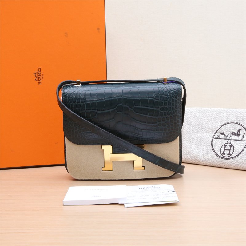 HERMES Constance康康196O松柏綠正方塊鱷魚皮Z刻金扣肩背包-0