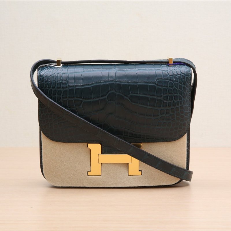 HERMES Constance康康196O松柏綠正方塊鱷魚皮Z刻金扣肩背包-1