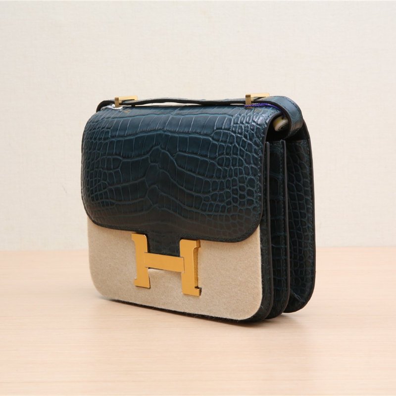 HERMES Constance康康196O松柏綠正方塊鱷魚皮Z刻金扣肩背包-2