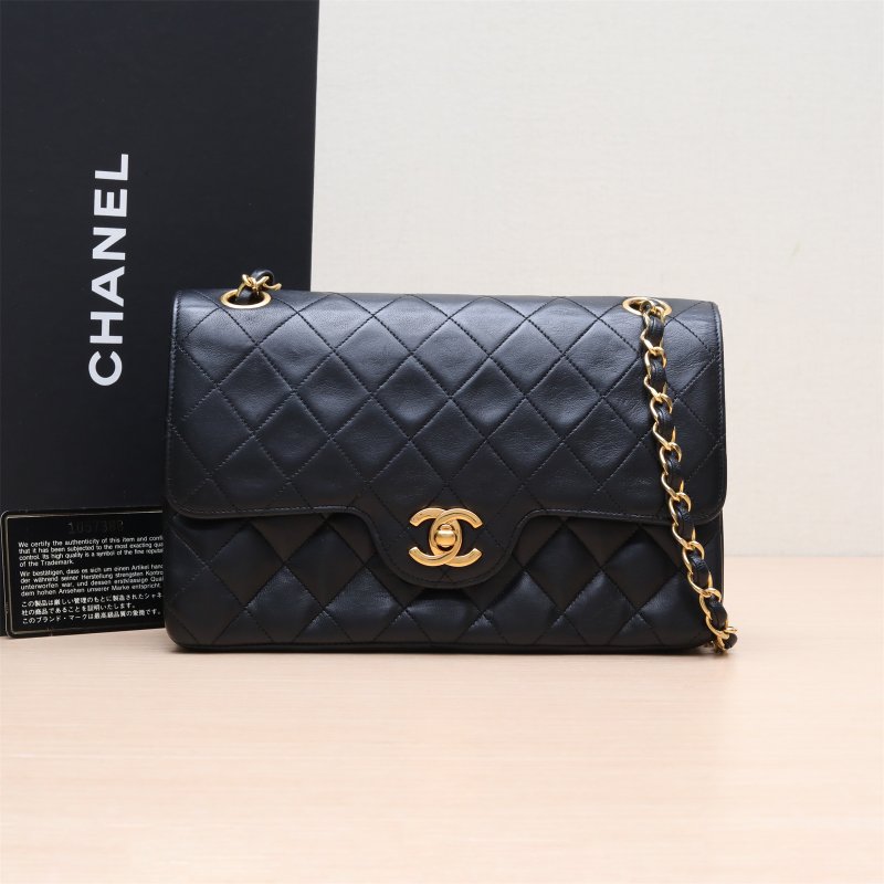 CHANEL 中古黑金羊單肩包Jennie同款黑色羊皮1開金扣肩背包-0