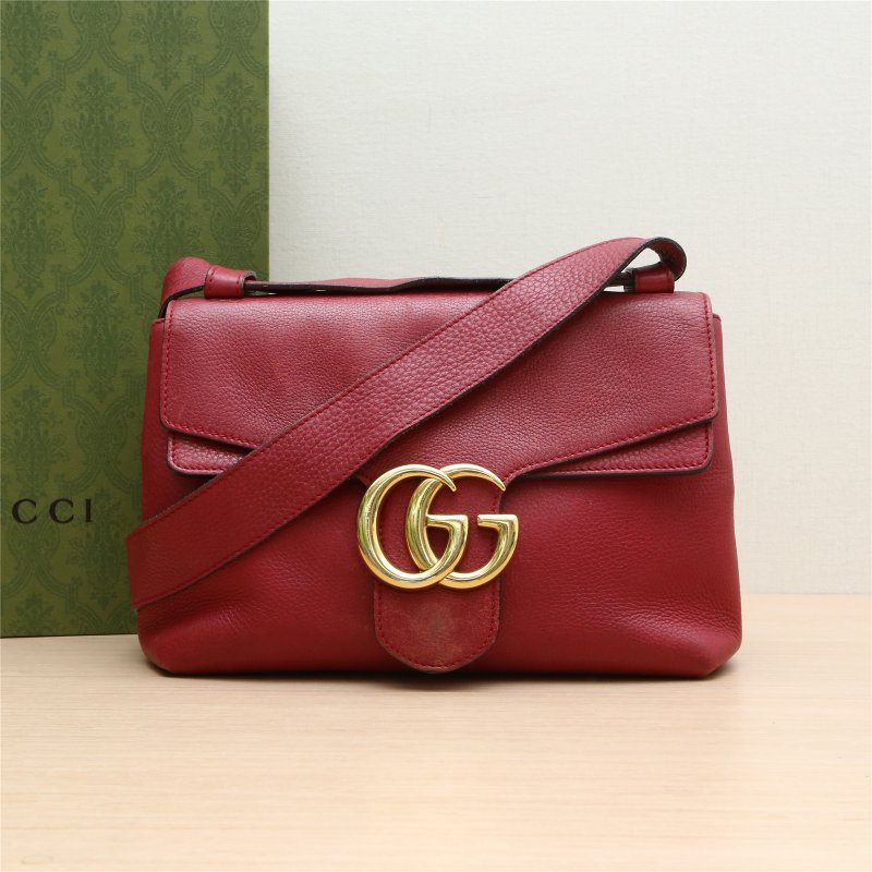 GUCCI GG雙G全皮肩帶郵差單肩斜挎包紅色肩背包-0